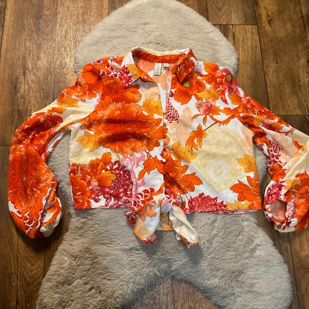 Joie Blouse Size Large Floral Long Sleeve Tie‎ Front Orange Yellow Womens